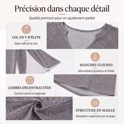 Haut féminin scintillant à manches trompette fendues