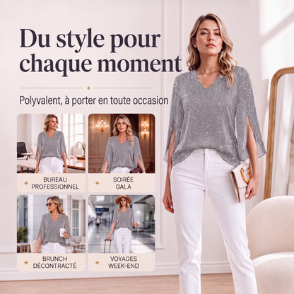 Haut féminin scintillant à manches trompette fendues