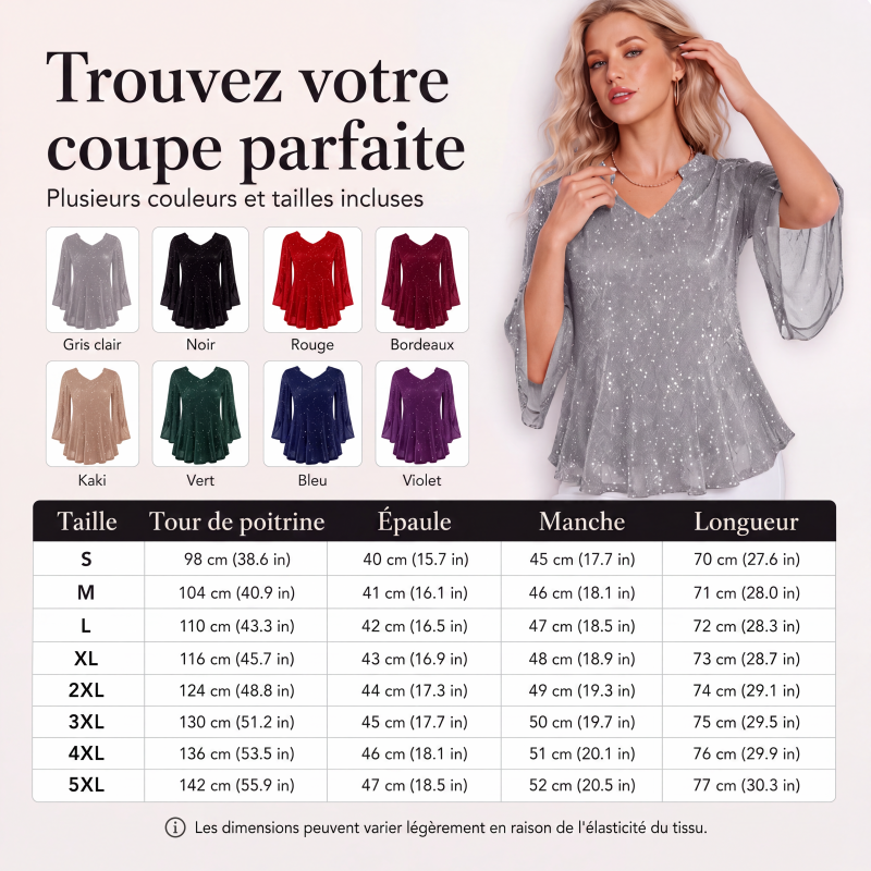 Haut féminin scintillant à manches trompette fendues