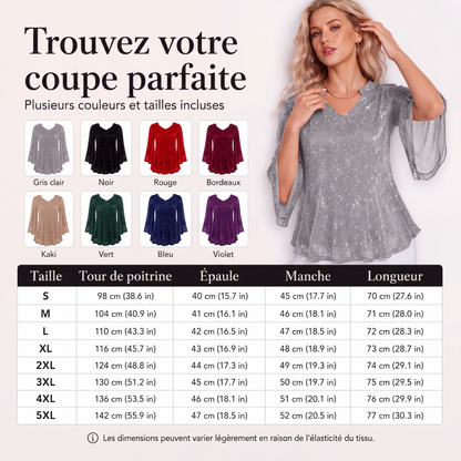 Haut féminin scintillant à manches trompette fendues