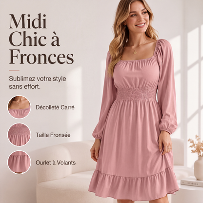 Robe évasée à encolure carrée et smocks pour femme