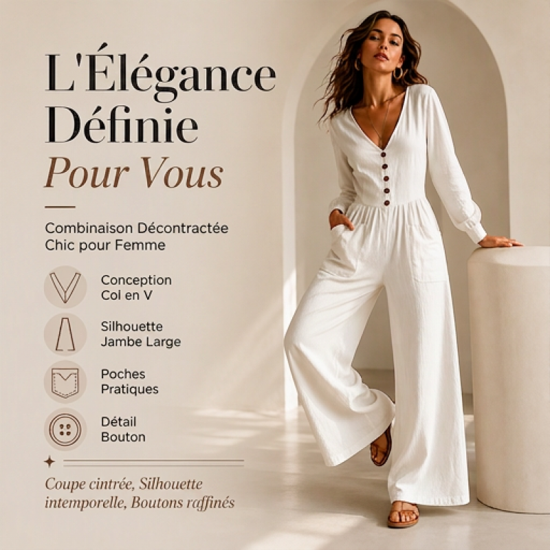 Combinaison à col V pour femme, manches longues