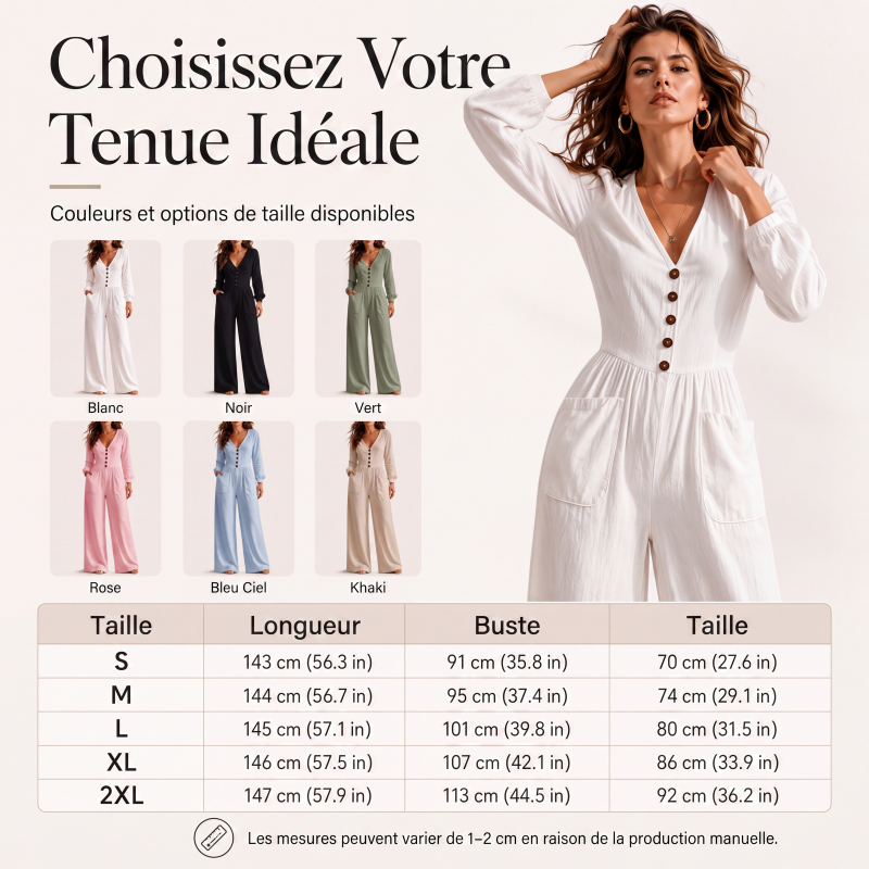 Combinaison à col V pour femme, manches longues