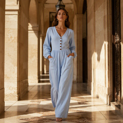 Combinaison à col V pour femme, manches longues