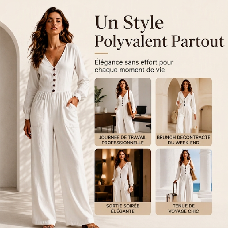 Combinaison à col V pour femme, manches longues