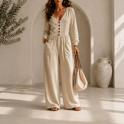 Combinaison à col V pour femme, manches longues
