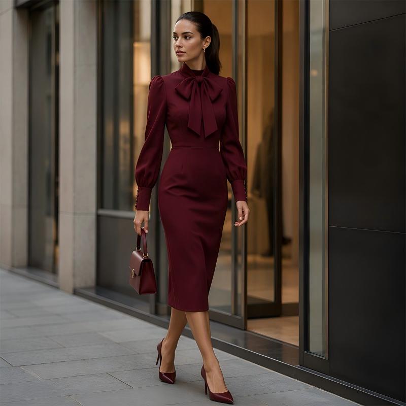 Robe crayon élégante pour femme avec col à nœud papillon