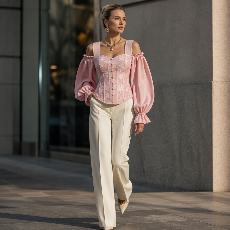 Haut à épaules dénudées en jacquard floral pour femme