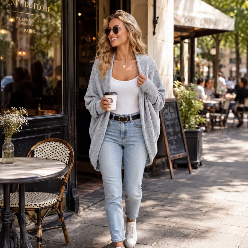Cardigan en maille loose pour femme, manches chauve-souris