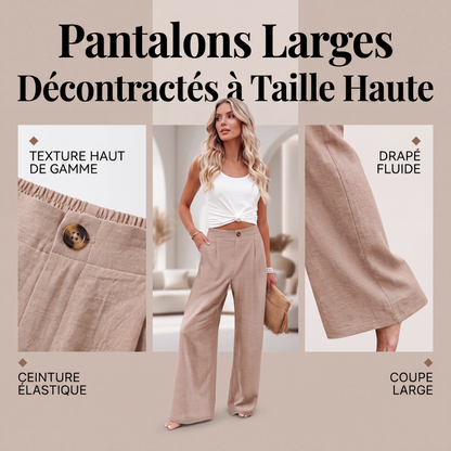 Pantalon décontracté femme taille haute jambe large