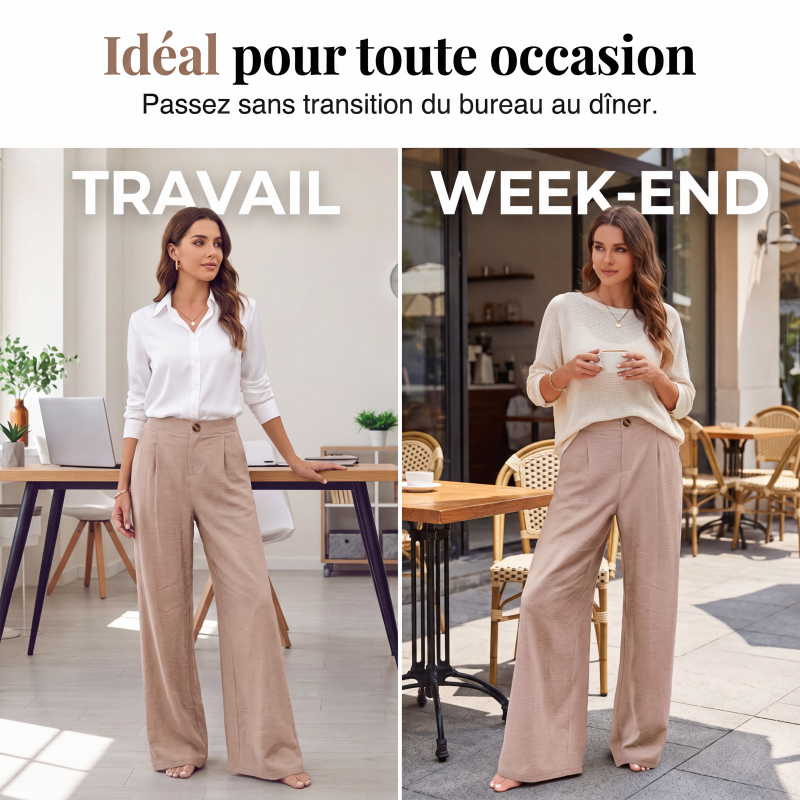 Pantalon décontracté femme taille haute jambe large