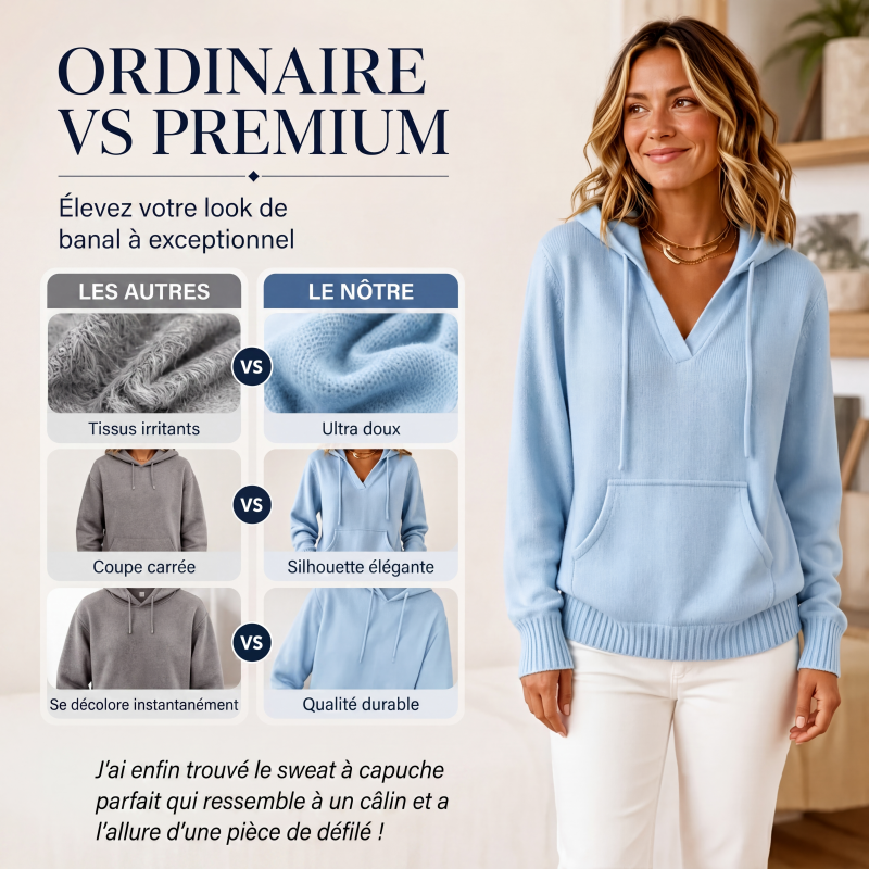 Pull décontracté à capuche et col V uni pour femme
