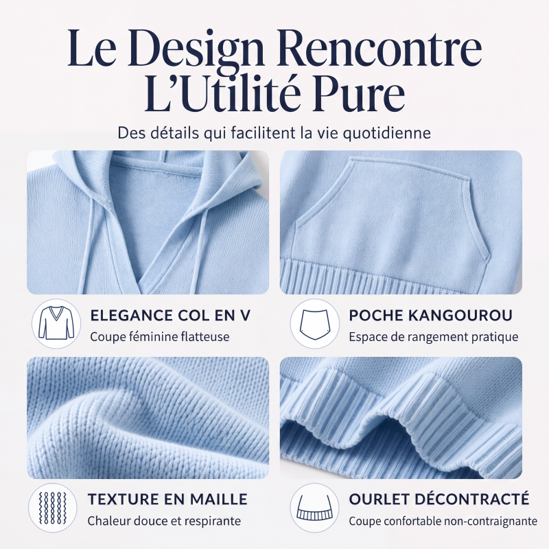 Pull décontracté à capuche et col V uni pour femme