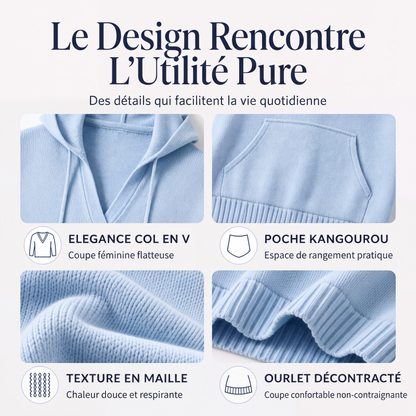 Pull décontracté à capuche et col V uni pour femme