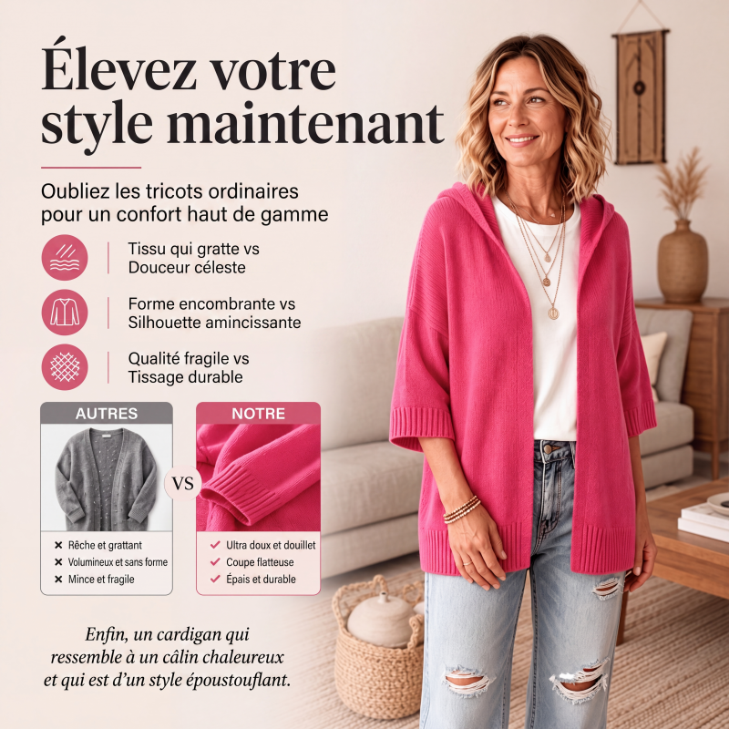Cardigan en maille à capuche pour femme, manches 3/4