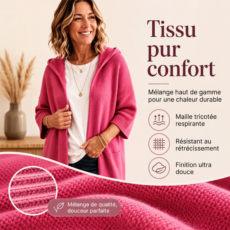 Cardigan en maille à capuche pour femme, manches 3/4