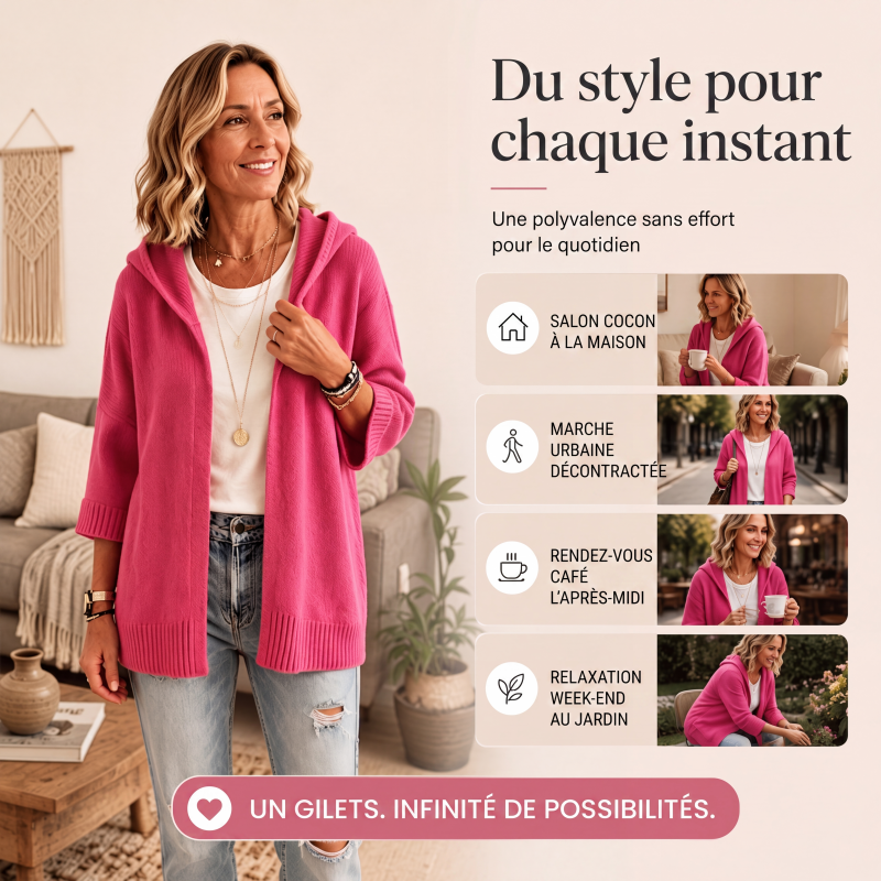 Cardigan en maille à capuche pour femme, manches 3/4