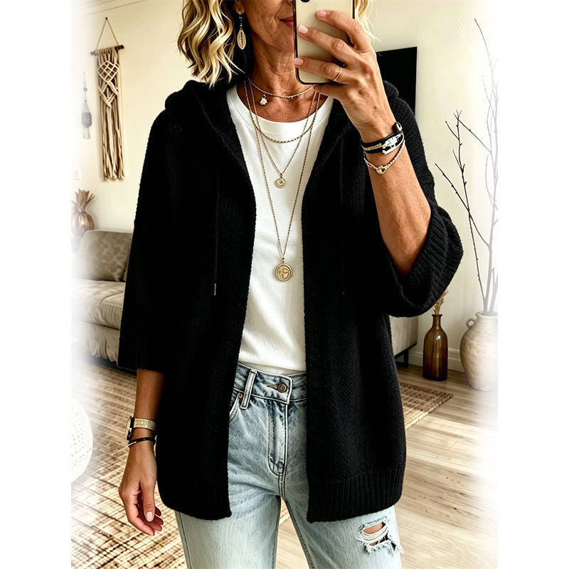Cardigan en maille à capuche pour femme, manches 3/4