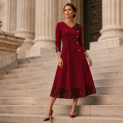 Robe élégante à col V et sequins pour femme