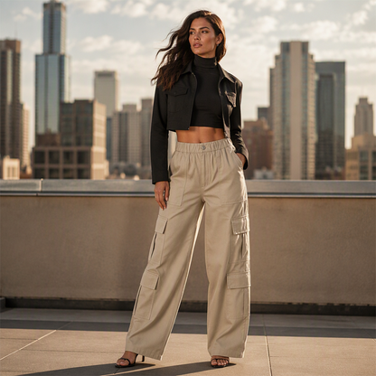 Pantalons cargo taille haute pour femme, coupe décontractée jambe droite, pantalons utilitaires avec poches