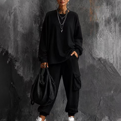 Ensemble décontracté pour femme : haut à col rond et pantalon cargo