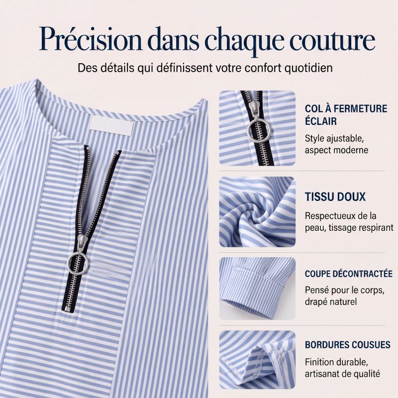 Haut à manches longues zippé à rayures pour femme