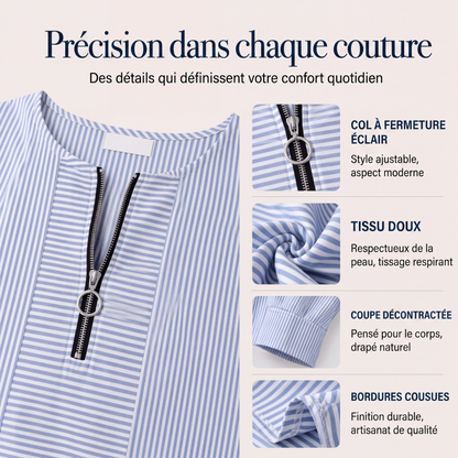Haut à manches longues zippé à rayures pour femme