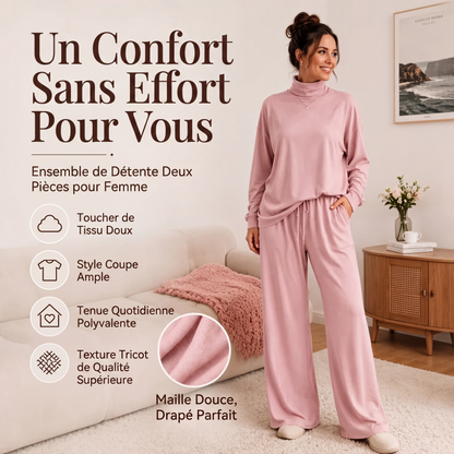 ✨ Ensemble Femme 2 Pièces – Col Roulé Élégant & Pantalon Large Fluide