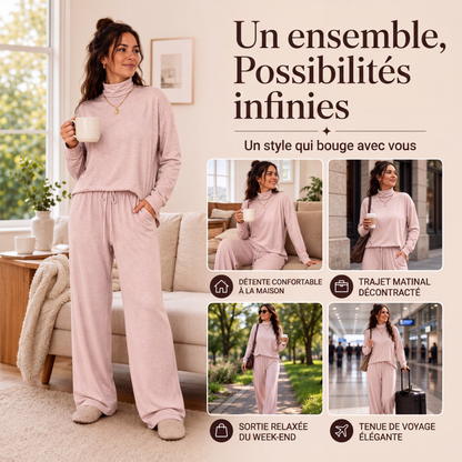 ✨ Ensemble Femme 2 Pièces – Col Roulé Élégant & Pantalon Large Fluide