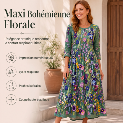 Robe mi-longue pour femme à imprimé fleuri, manches 3/4, avec poches