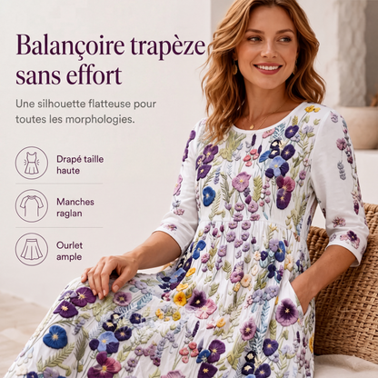 Robe mi-longue pour femme à imprimé fleuri, manches 3/4, avec poches