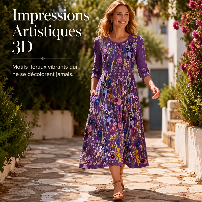 Robe mi-longue pour femme à imprimé fleuri, manches 3/4, avec poches