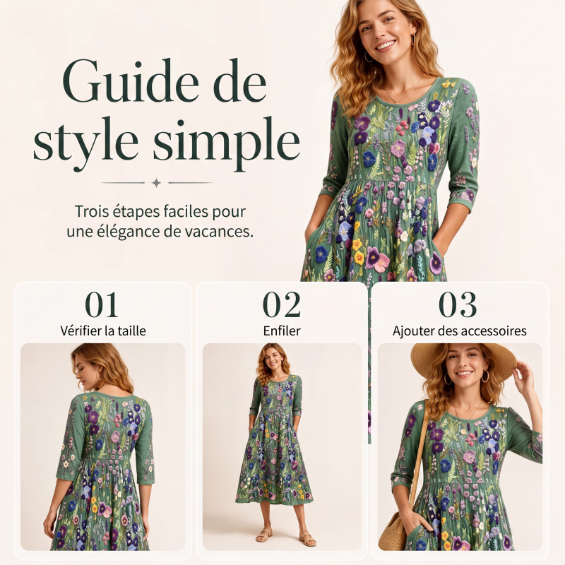 Robe mi-longue pour femme à imprimé fleuri, manches 3/4, avec poches
