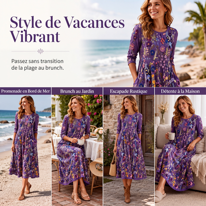 Robe mi-longue pour femme à imprimé fleuri, manches 3/4, avec poches