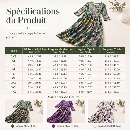 Robe mi-longue pour femme à imprimé fleuri, manches 3/4, avec poches