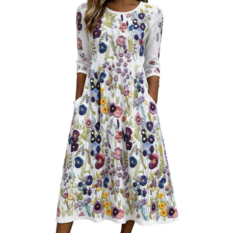 Robe mi-longue pour femme à imprimé fleuri, manches 3/4, avec poches
