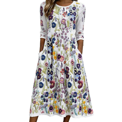 Robe mi-longue pour femme à imprimé fleuri, manches 3/4, avec poches