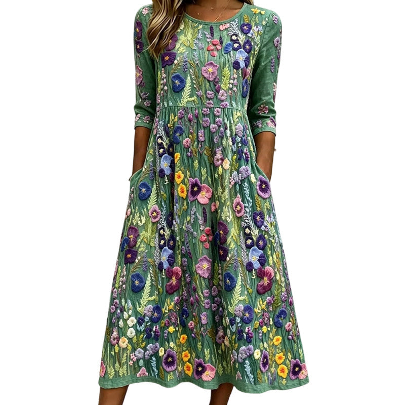 Robe mi-longue pour femme à imprimé fleuri, manches 3/4, avec poches