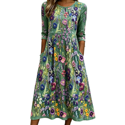 Robe mi-longue pour femme à imprimé fleuri, manches 3/4, avec poches