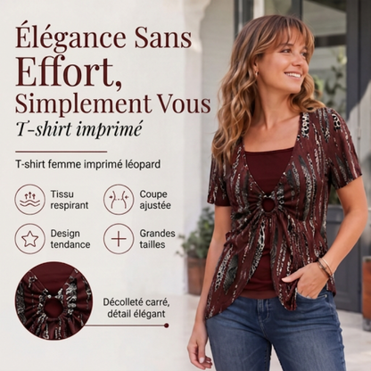 T-shirt femme faux deux pièces à imprimé léopard et anneau en O