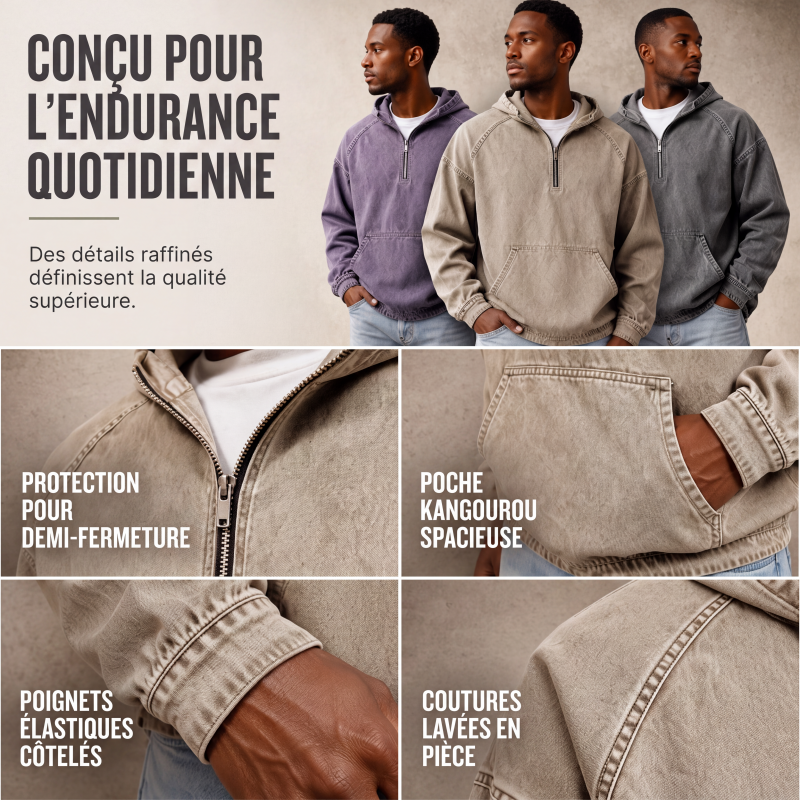 Veste en jean décontractée pour homme avec demi-zip