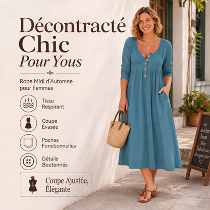 Robe plissée à col V et boutons pour femme