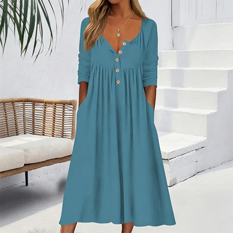Robe plissée à col V et boutons pour femme