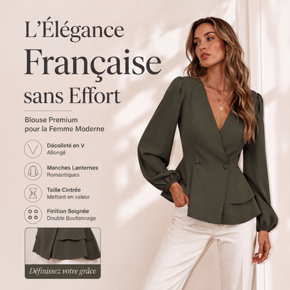 Chemisier pour femme, col V, manches lanternes et coupe peplum