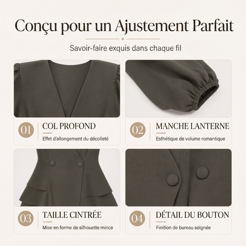 Chemisier pour femme, col V, manches lanternes et coupe peplum