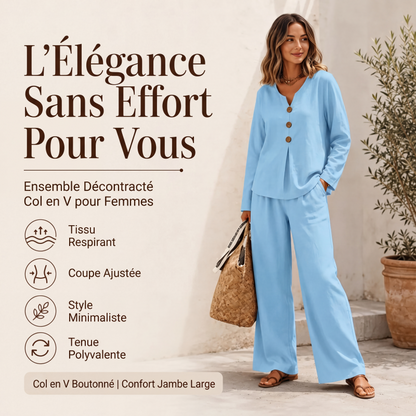 🌸 OFFRE LIMITÉE –50% ! ✨ Ensemble pour femme : haut à col V à manches longues et pantalon large