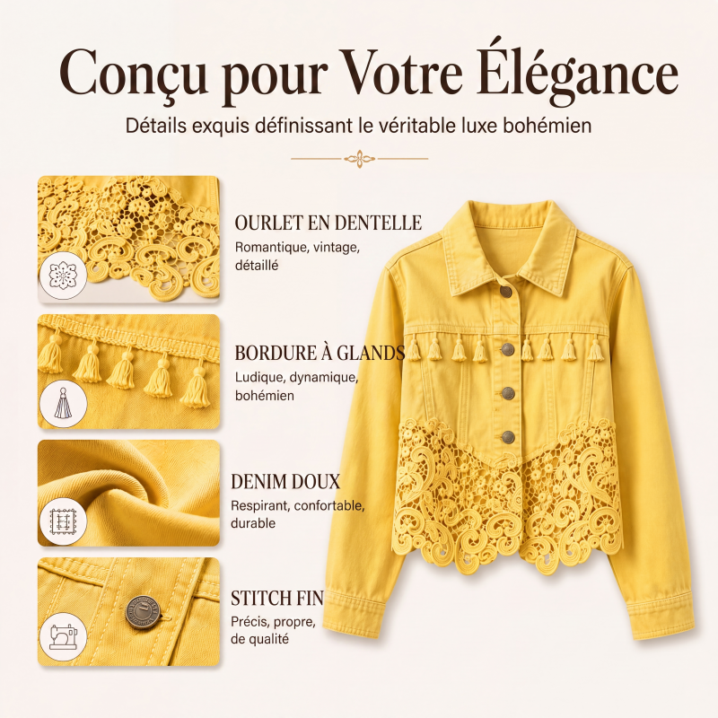 Veste en jean à coutures en dentelle pour femme