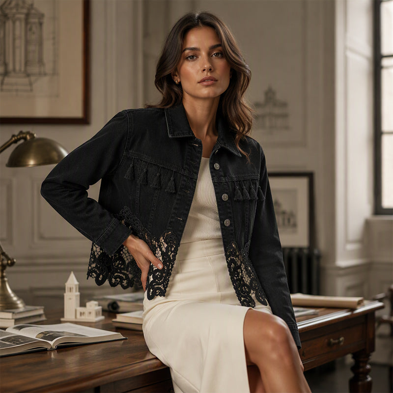 Veste en jean à coutures en dentelle pour femme