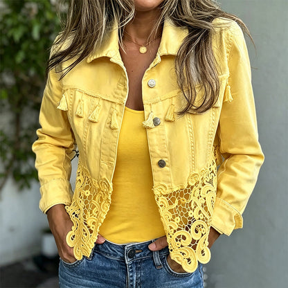 Veste en jean à coutures en dentelle pour femme