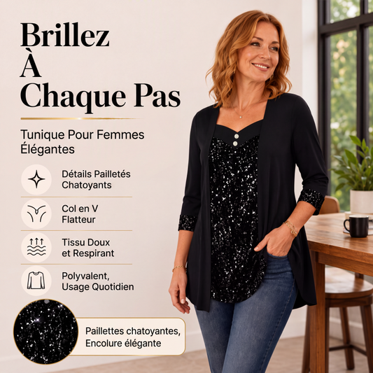 Haut féminin à paillettes et patchwork, style faux deux-pièces